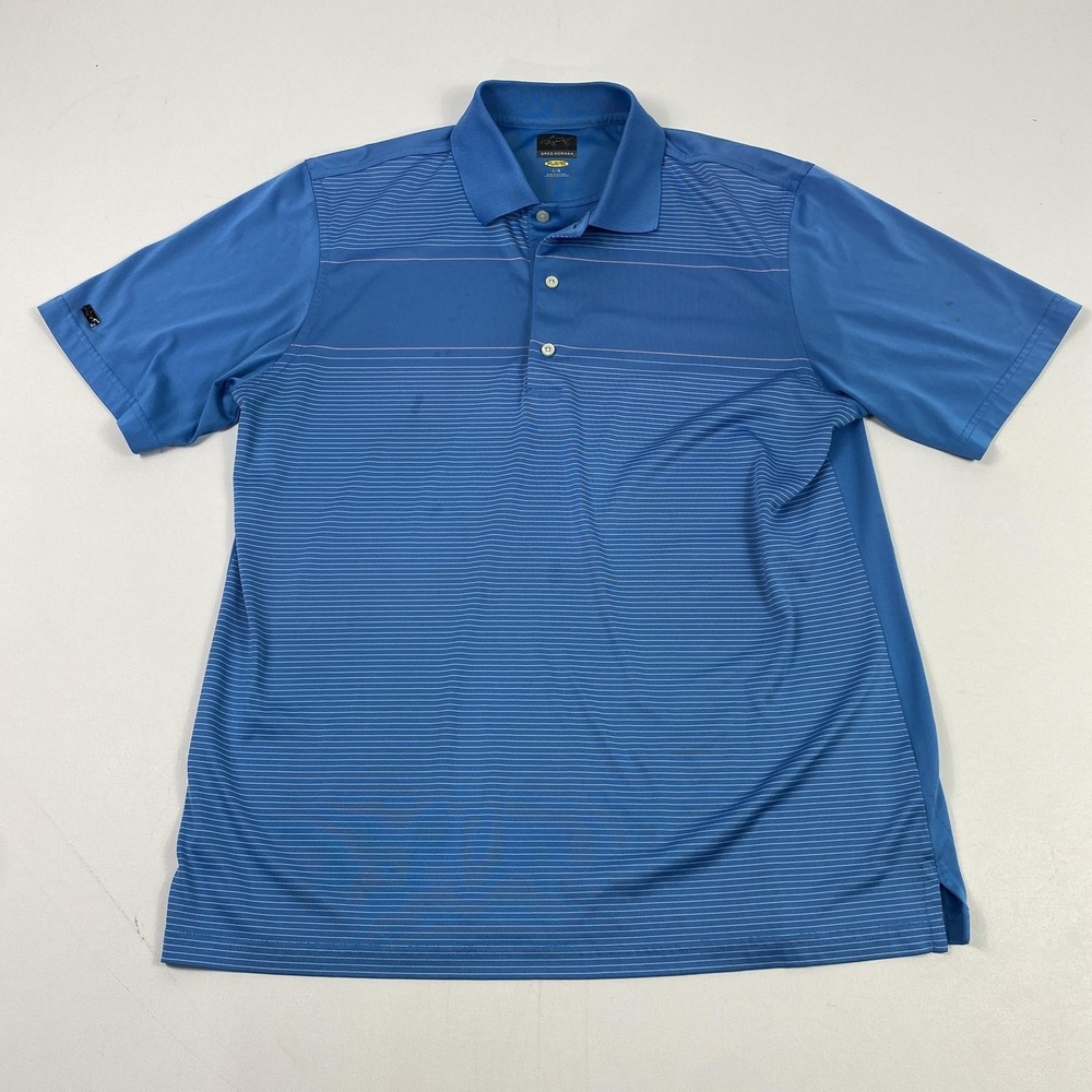 Greg‎ Norman Polo Shirt Mens Large Blue Striped PlayDry Golf Performance